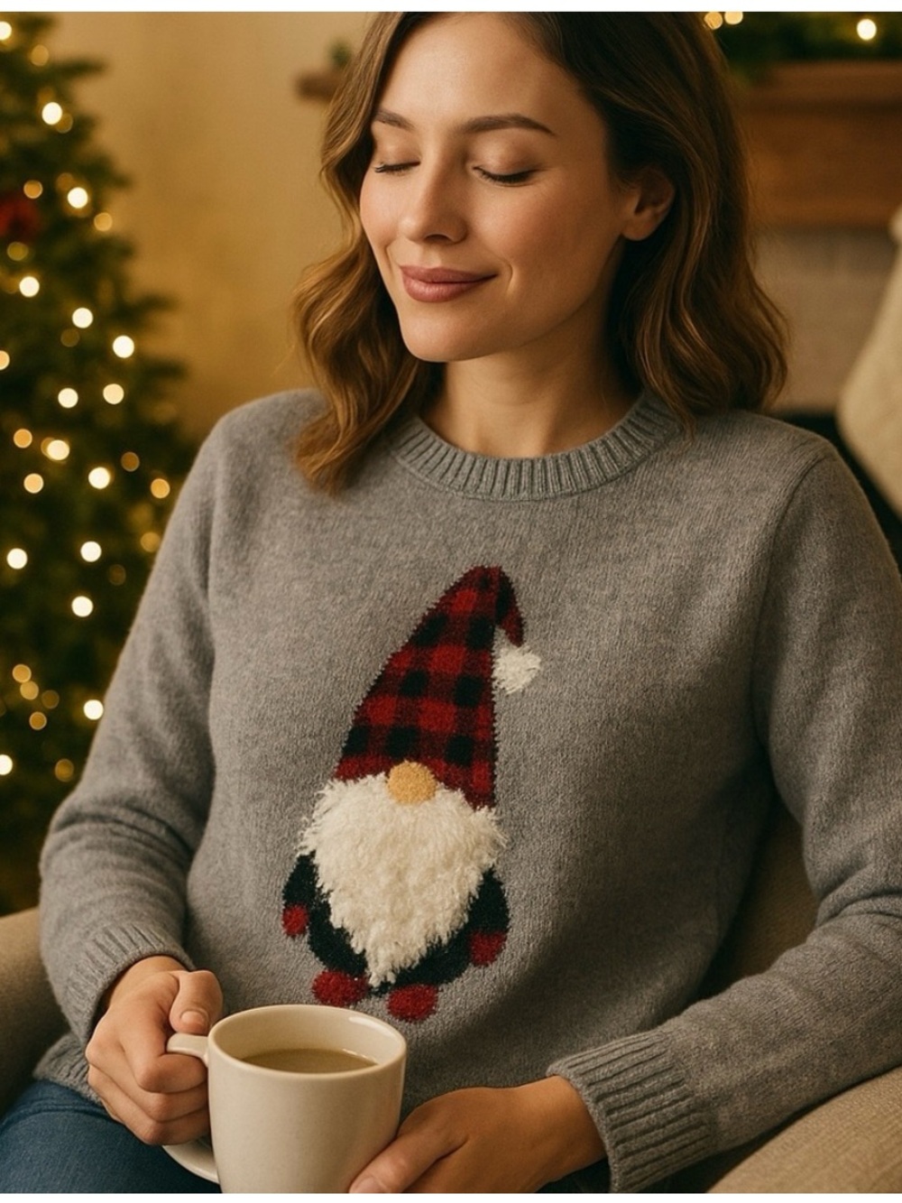 cupcakes & cashmere Gray Crewneck Sweater with Festive Buffalo-Check Gnome
